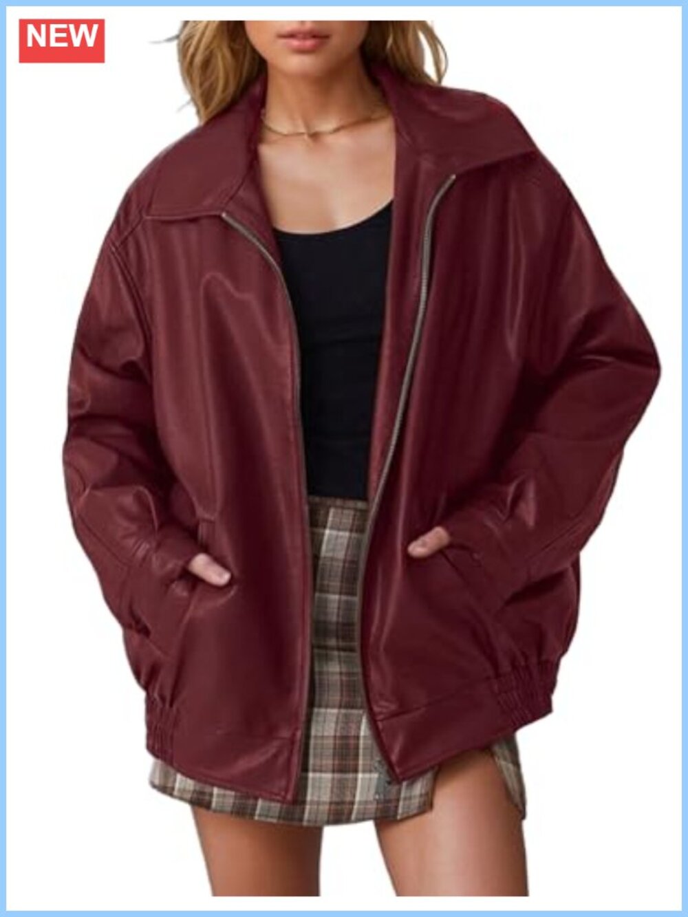 Oversized Faux Leather Motorcycle Bomber Jacket with Pockets
